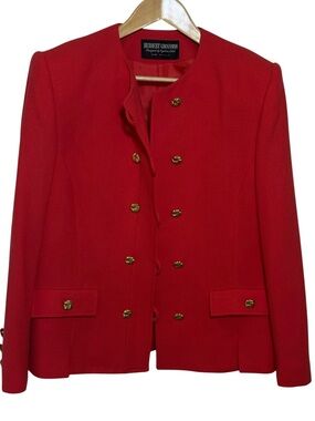 Vintage Saks Herbert Grossman Red Wool Blazer Gold Buttons Medium (Tagged 14)